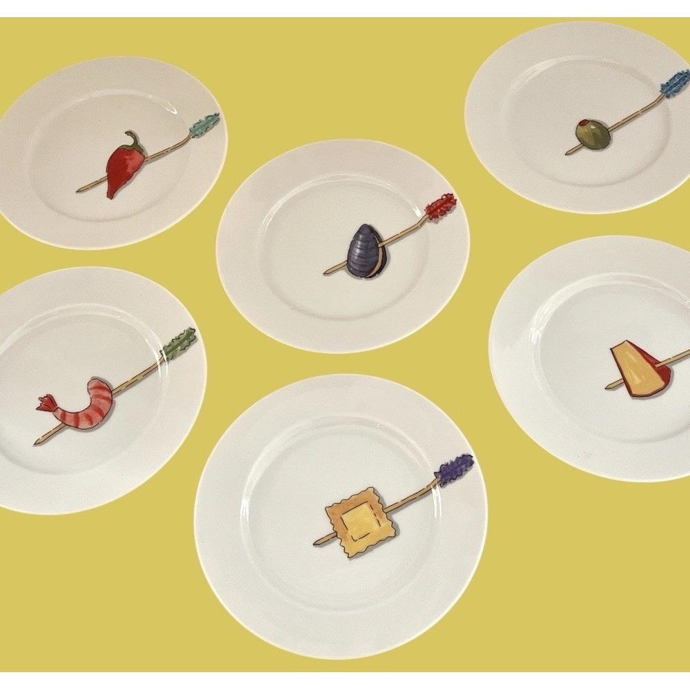 Crate & Barrel By Nancy Green Tidbits Food Theme Appetizer Plates 6.5" Set 6